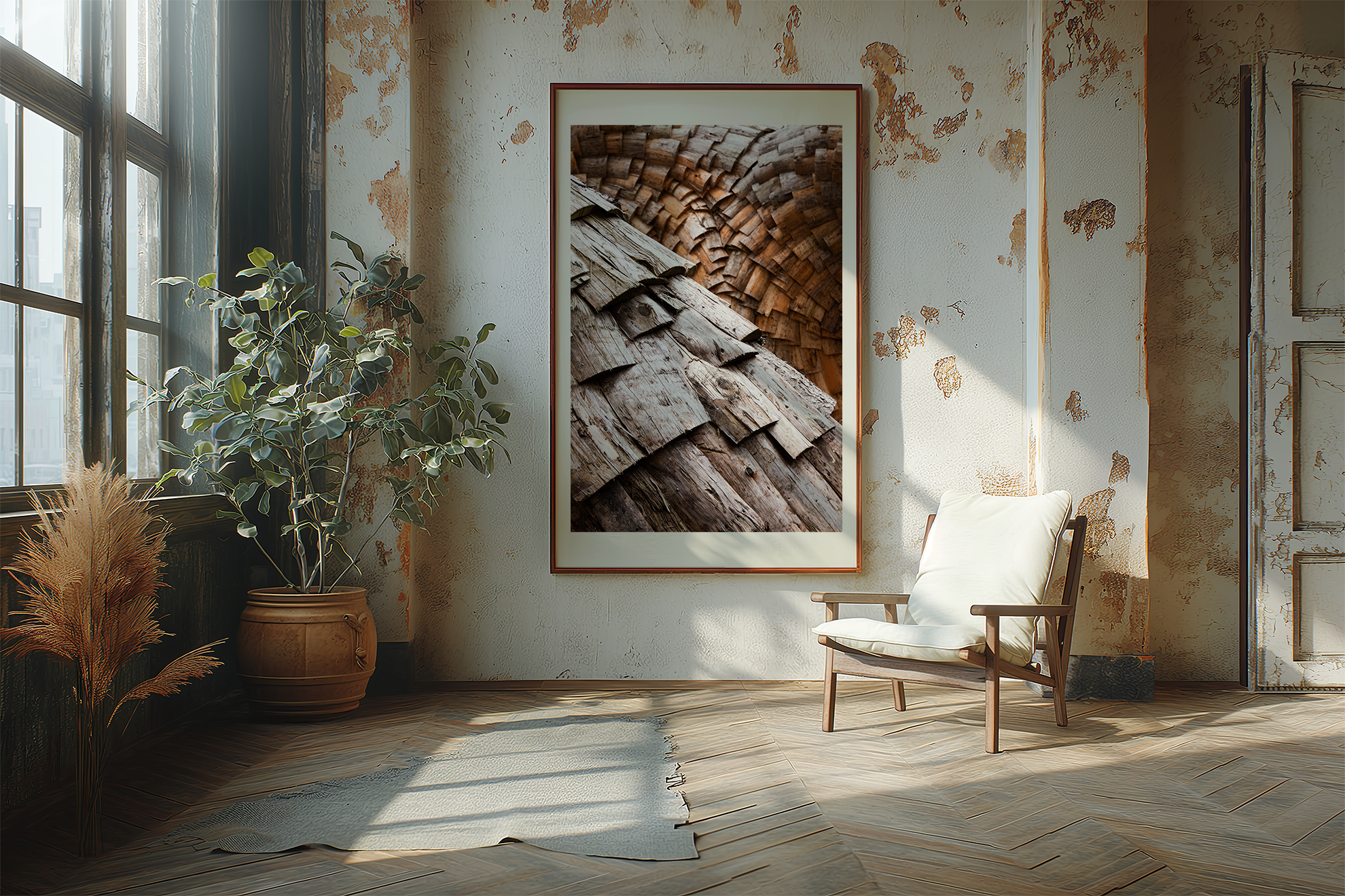 Twists and turn with brown frame and white card.  Rustic living room settins. natural light through windows.