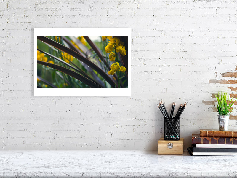 Beneath the droplets print showcased in a template for an office setting, as it would be if purchased displayed