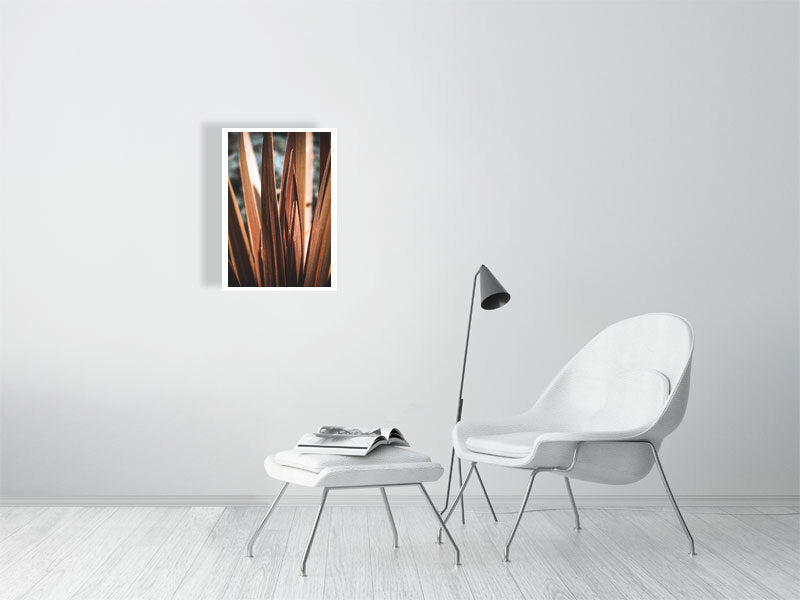 Calm abstract print showcased in a template for a living room setting, as it would be if purchased displayed