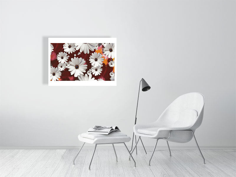 Different sized Flower power version 2 print showcased in a template for a living room setting, as it would be if purchased displayed