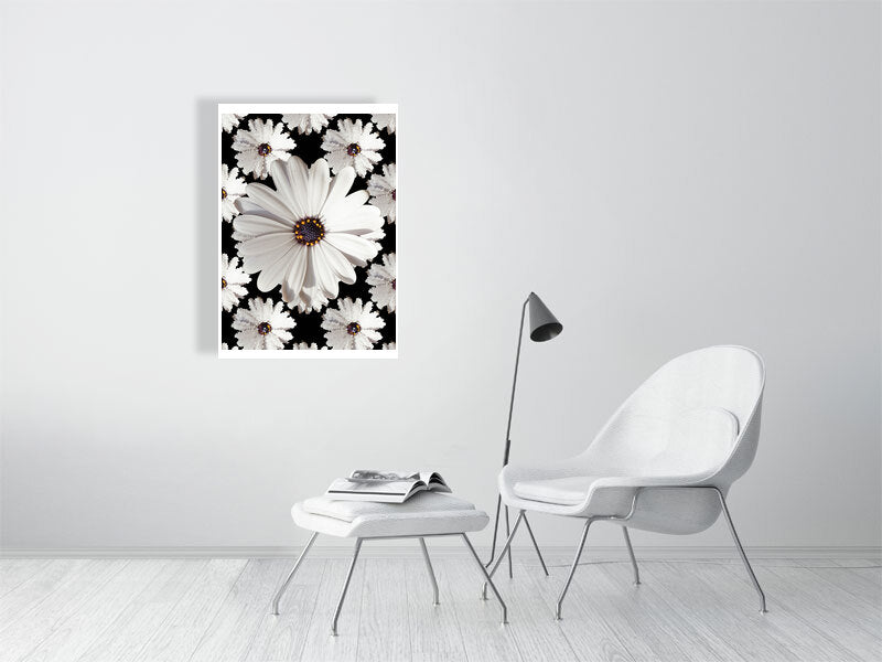 Flower power print showcased in a template for a living room setting, as it would be if purchased displayed