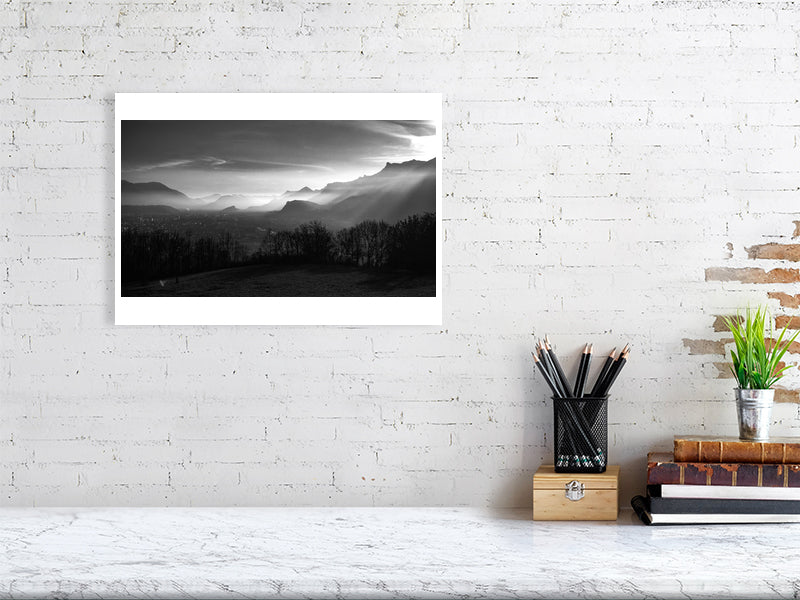 Grenoble into dusk  print showcased in a template for an office setting, as it would be if purchased displayed