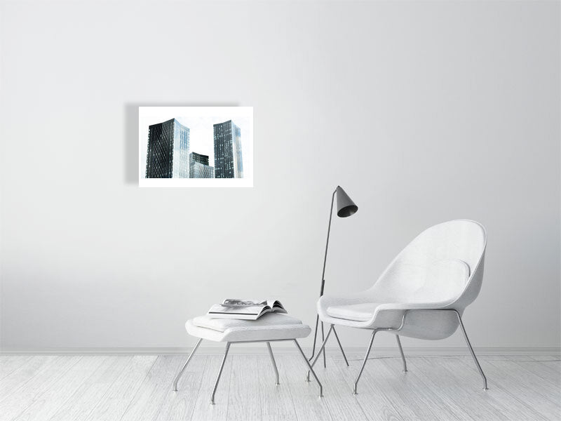 Skyline blues print showcased in a template for a living room setting, as it would be if purchased displayed