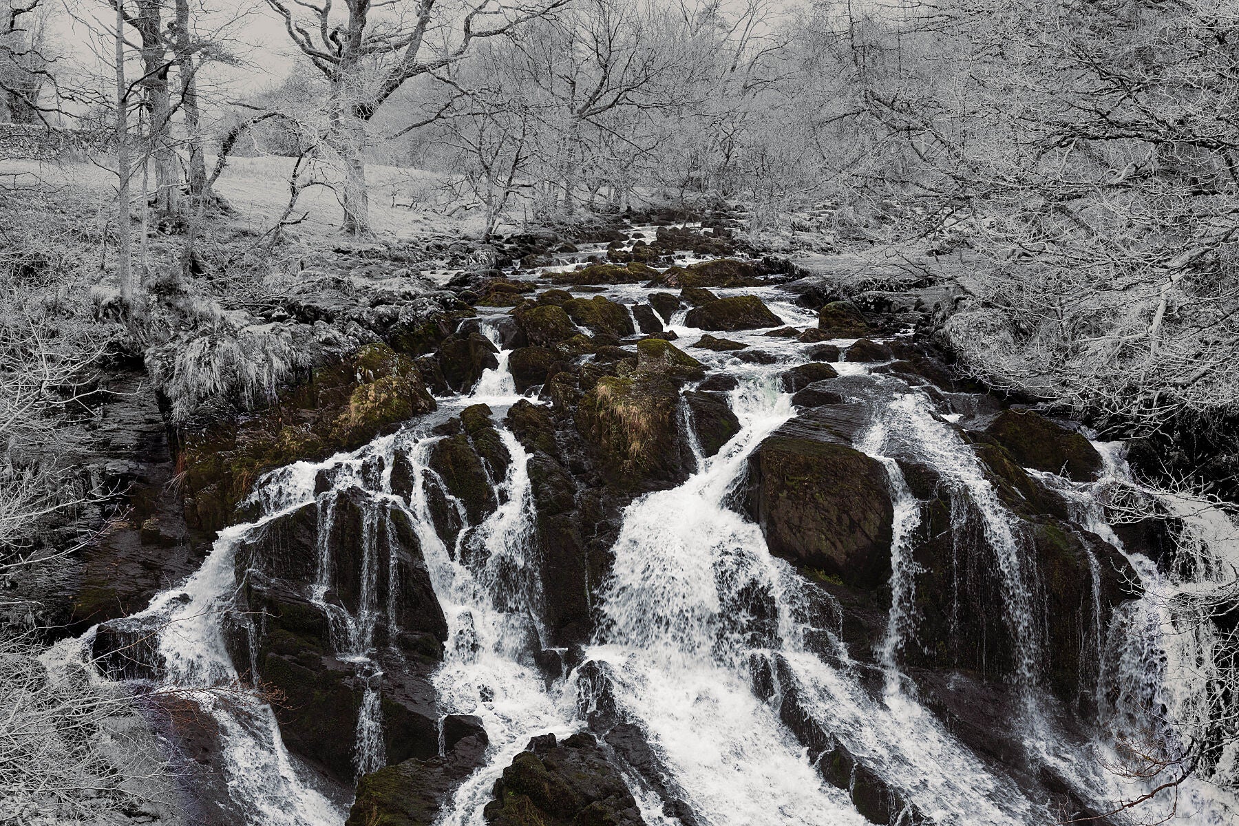 Frost-bitten landscape, snow-covered leafless trees surrounding a river leading to the edge of a running waterfall.