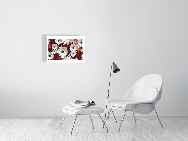 Flower power version 2 print showcased in a template for a living room setting, as it would be if purchased displayed