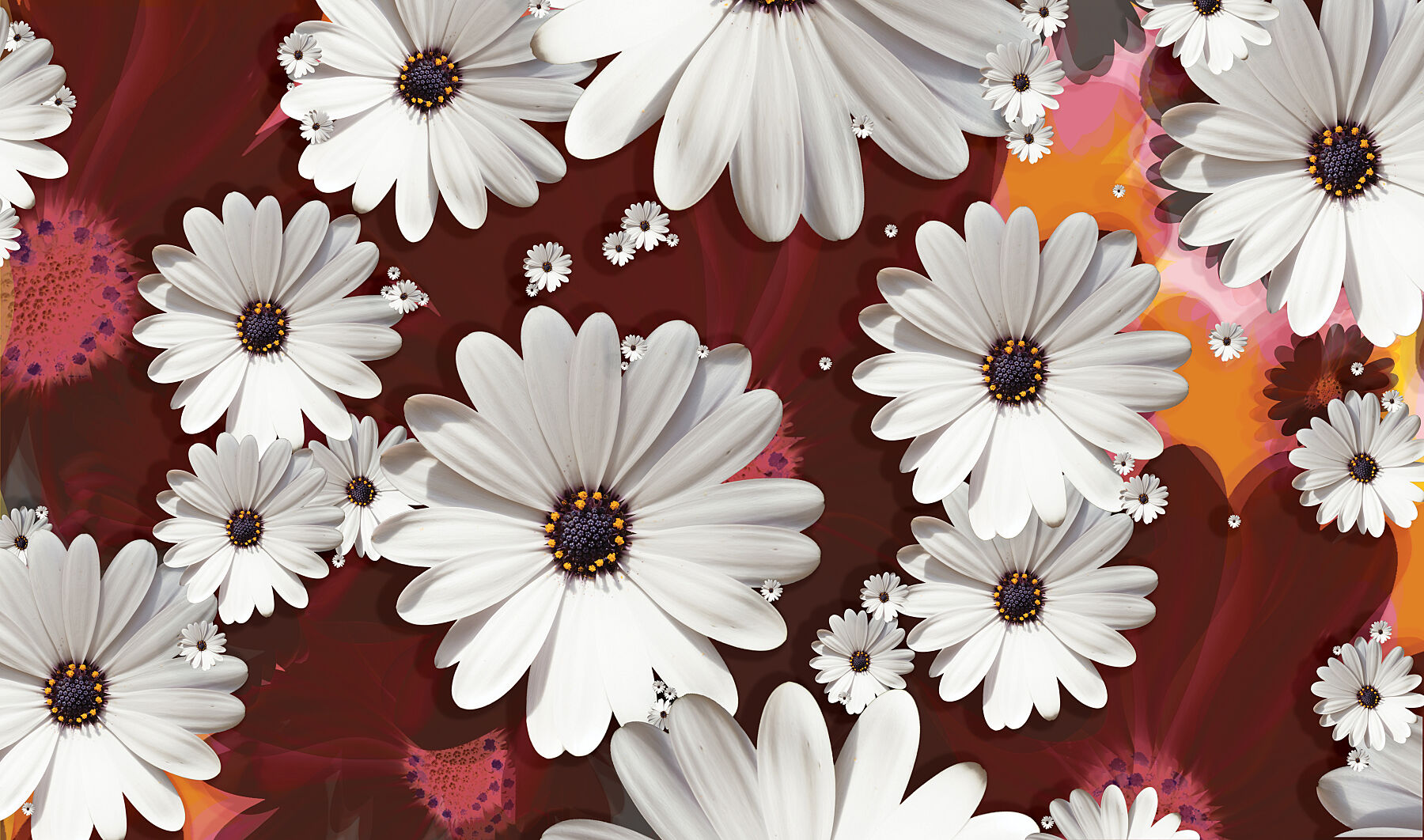 White flowers, big and small cutouts up against a wallpaper of flowers in reds, maroons, oranges and pinks