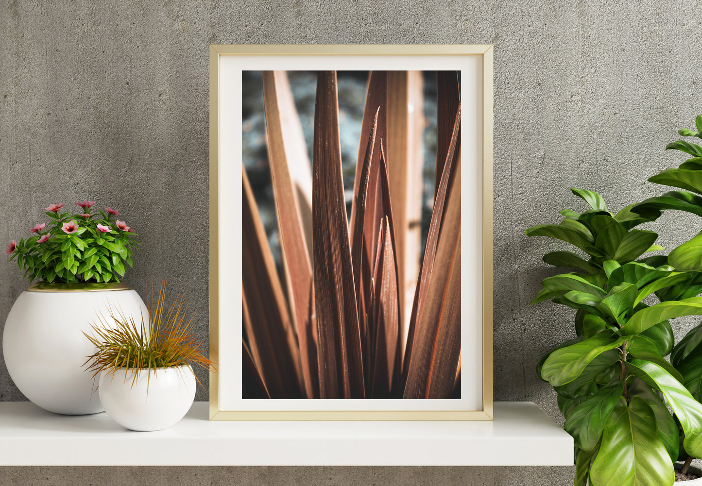 Calm abstract print showcased in a template for a room setting with minimalist plants, as it would be if purchased displayed