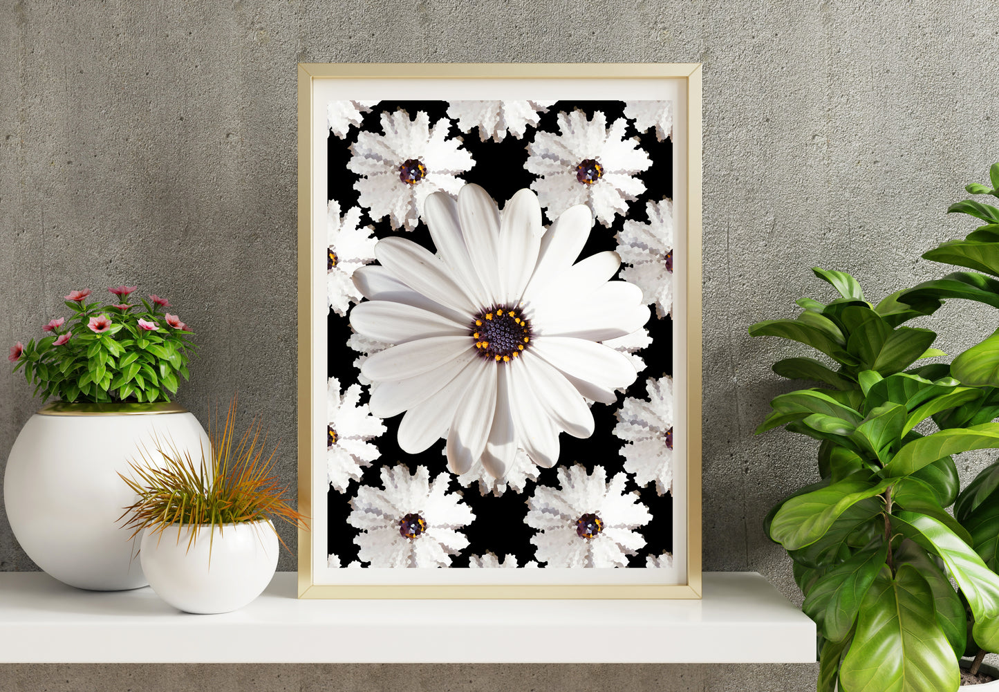 Flower power print showcased in a template for a room setting with minimalist plants, as it would be if purchased displayed