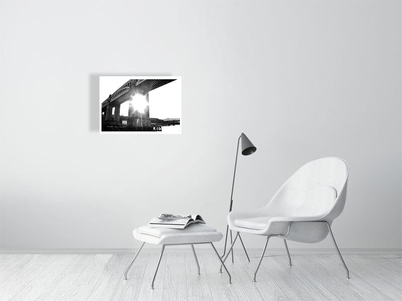 High bridge print showcased in a template for an living room setting, as it would be if purchased displayed