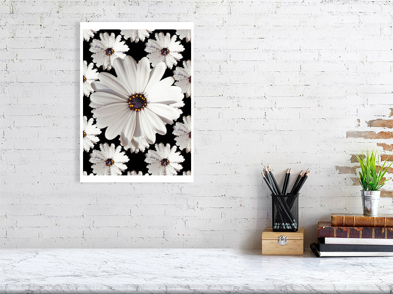 Flower power print showcased in a template for an office setting, as it would be if purchased displayed